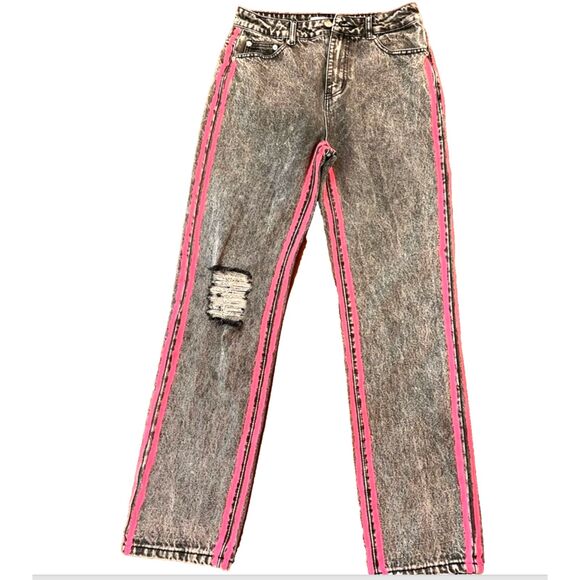 Adika Neon Stripe High Rise Straight Jeans Distressed Knees Gray Pink Women M - Picture 2 of 6